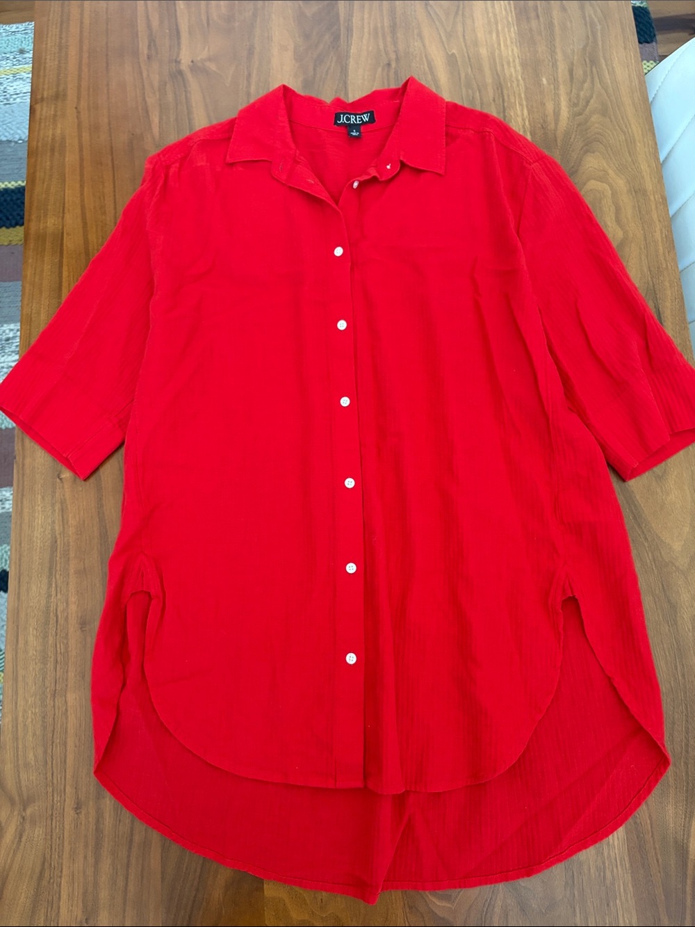 J. Crew Airy Gauze Cotton Button Up Cover Up Tunic Shirt - Red Size Small - Picture 6 of 10